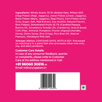 Back label of Yoga Bar fruits nuts seeds super muesli with allergen advice for oats, nuts, and soy.