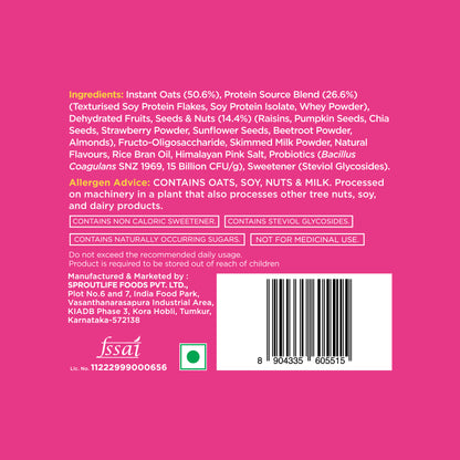 Yoga Bar Fruits Nuts and Seeds Oats ingredients list, allergen advice, and FSSAI license on pink background
