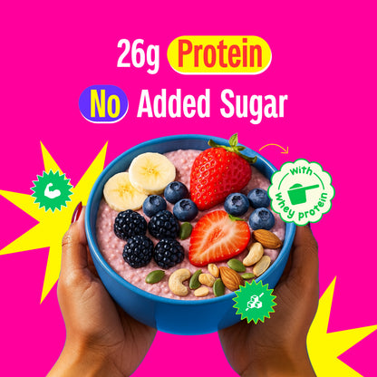 Yoga Bar marketing banner showing a bowl of fruit and nut protein oats, highlighting 26g whey protein.