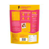 Yoga Bar High Protein Muesli 350g back label highlighting 23g protein per 100g, added millets, nuts, and seeds.