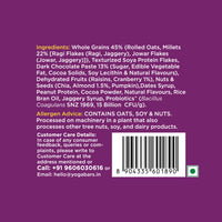Back label of Yoga Bar high protein muesli 850g pack with allergen advice for oats, soy, and nuts.