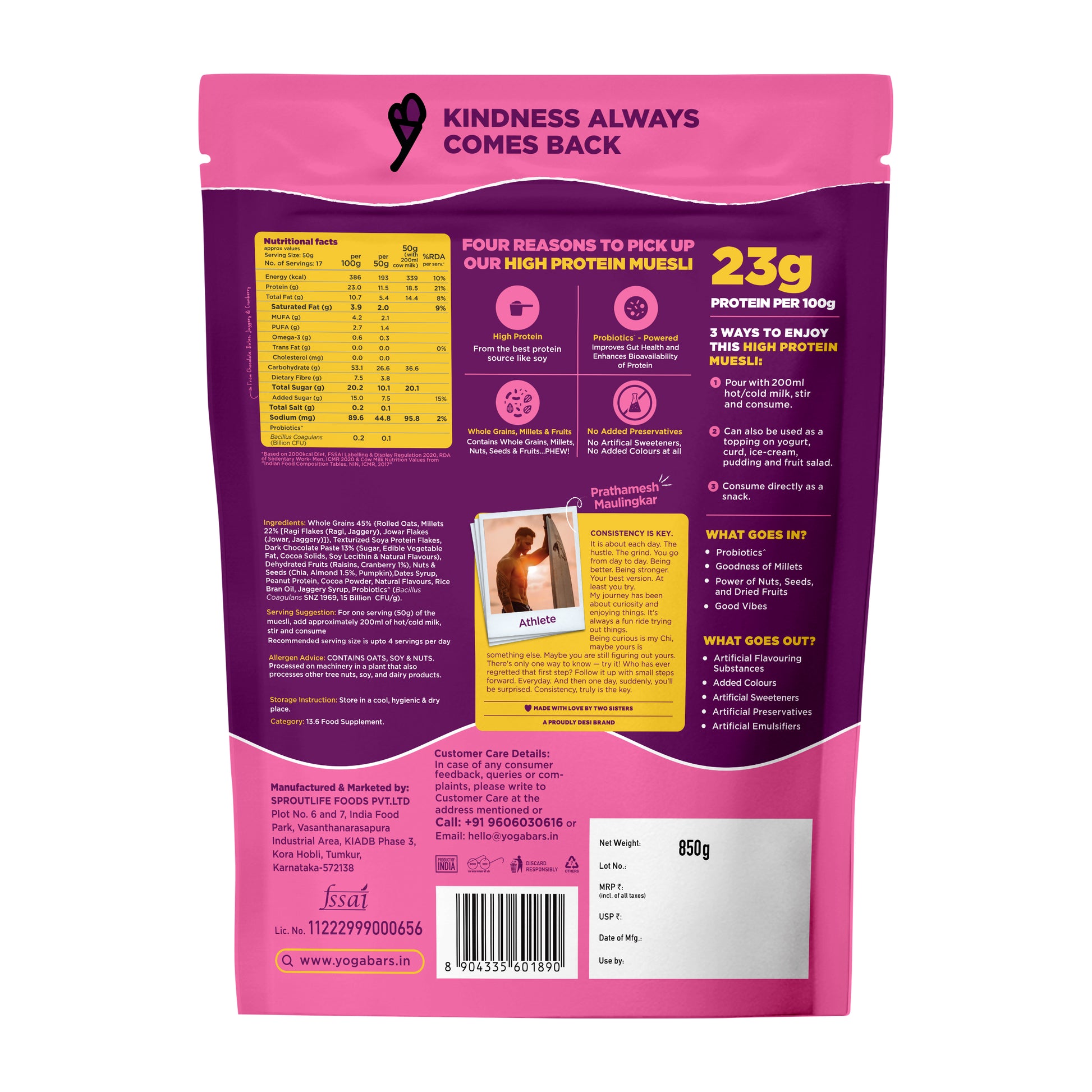 Back of Yoga Bar high protein muesli 850g pack showing ingredients list with no artificial preservatives.