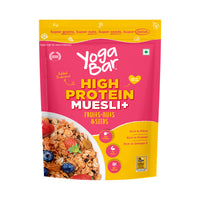 Yoga Bar High Protein Muesli plus Fruits Nuts and Seeds 350g pack with added probiotics, rich in fibre and protein.