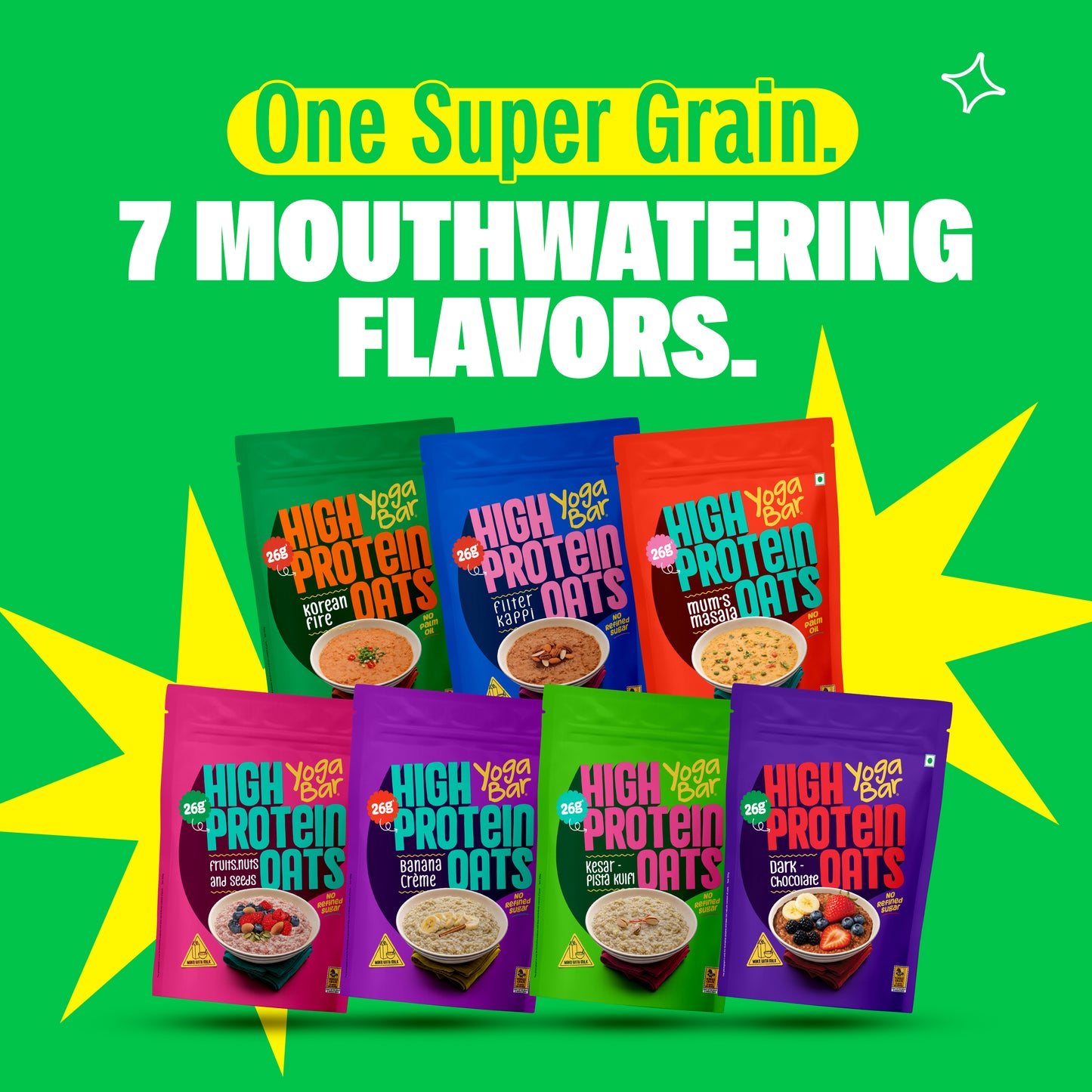 Yoga Bar High Protein Oats range infographic showcasing seven different sweet and savory flavor packaging options.