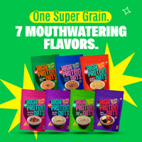 Yoga Bar High Protein Oats range infographic showcasing seven different sweet and savory flavor packaging options.