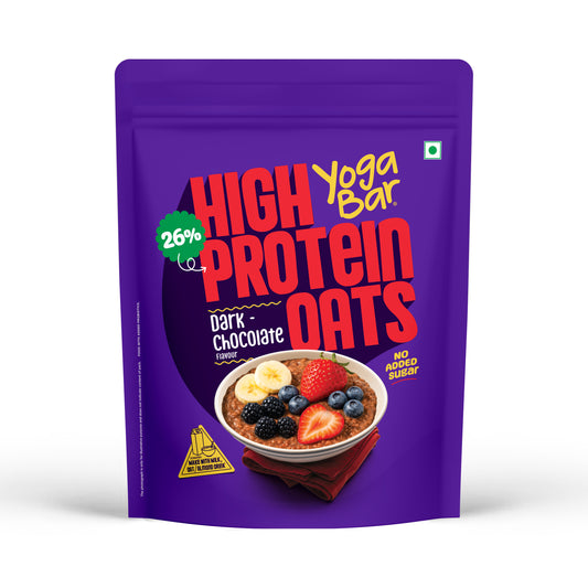 Yoga Bar High Protein Oats in Dark Chocolate flavor purple pouch showing 26% protein and no added sugar claims