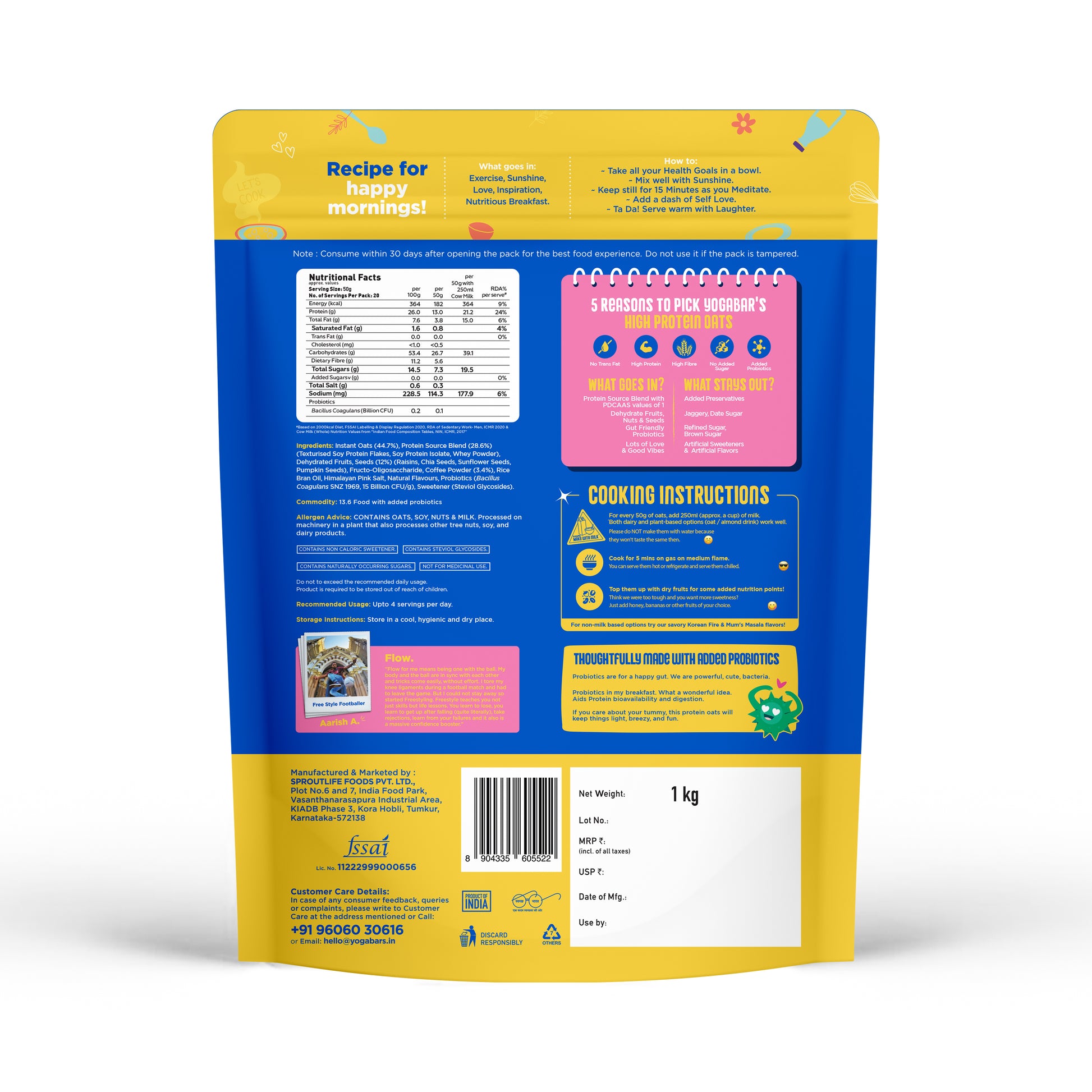 Back of pack view showing nutritional facts, ingredients list, and cooking instructions for Yoga Bar Filter Kaapi High Protein Oats 1kg