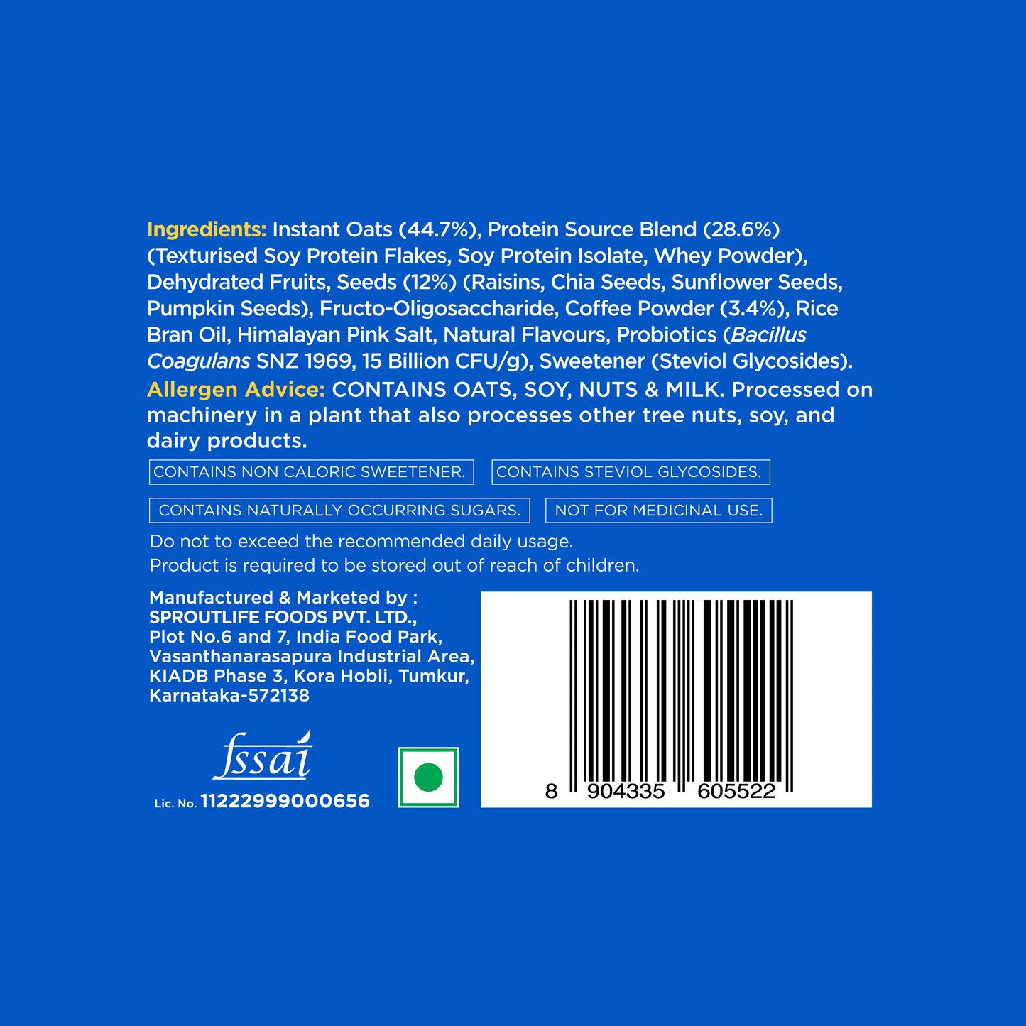 Ingredients list and allergen advice for Yoga Bar High Protein Oats showing ingredients like instant oats, soy protein isolate, whey powder, and chia seeds
