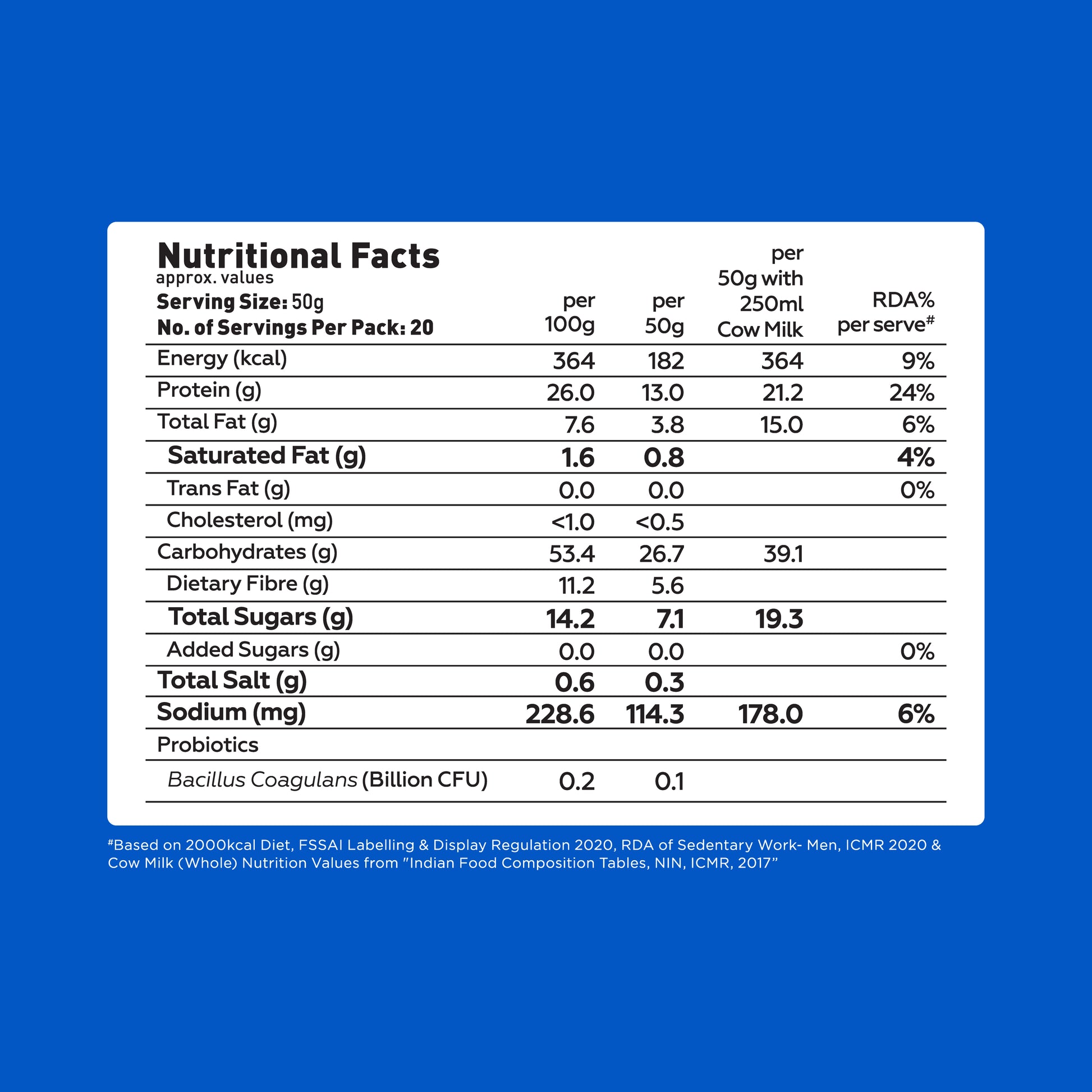 Nutritional facts table for Yoga Bar High Protein Oats showing calories, 26g protein, carbohydrates, and probiotics per 100g