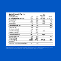 Nutritional facts table for Yoga Bar High Protein Oats showing calories, 26g protein, carbohydrates, and probiotics per 100g