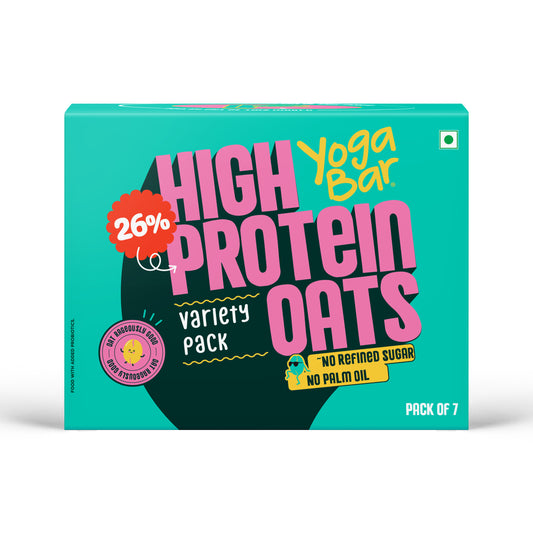 Yoga Bar High Protein Oats Variety Pack teal box showcasing 26% protein and a 7-flavor assortment.