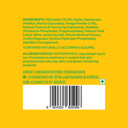 Close up view of Yoga Bar mango protein shake ingredient statement, consumer contact details, and product barcode