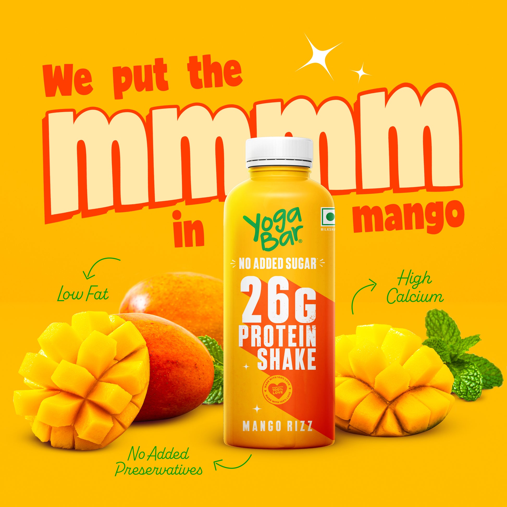 Yoga Bar Mango Rizz 26g protein shake bottle featured with fresh cut mangoes, low fat, high calcium, and no added preservatives callouts