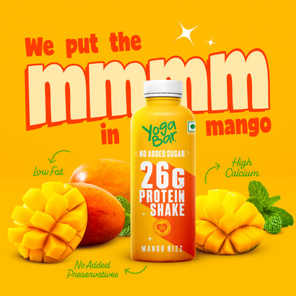 Yoga Bar Mango Rizz 26g protein shake bottle featured with fresh cut mangoes, low fat, high calcium, and no added preservatives callouts