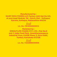 Product packaging back details featuring Dairy Rich Foods Kolhapur manufacturer address and FSSAI license text.