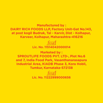 Yoga Bar manufacturing and marketer address panel with FSSAI license numbers on yellow background.