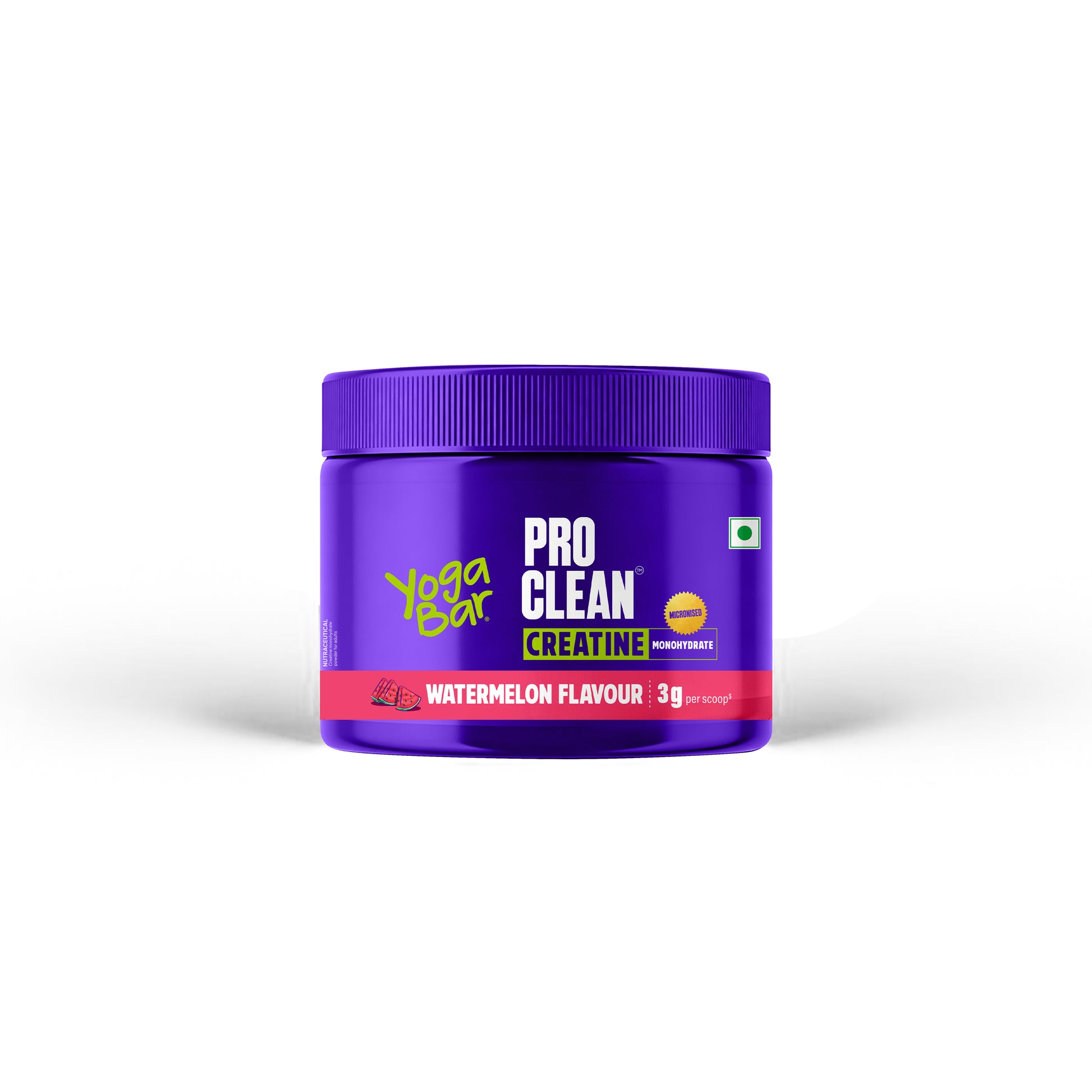 Jar of Yoga Bar Pro Clean Creatine Monohydrate in Watermelon flavour, highlighting 3g of pure creatine per single scoop