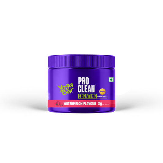 Jar of Yoga Bar Pro Clean Creatine Monohydrate in Watermelon flavour, highlighting 3g of pure creatine per single scoop