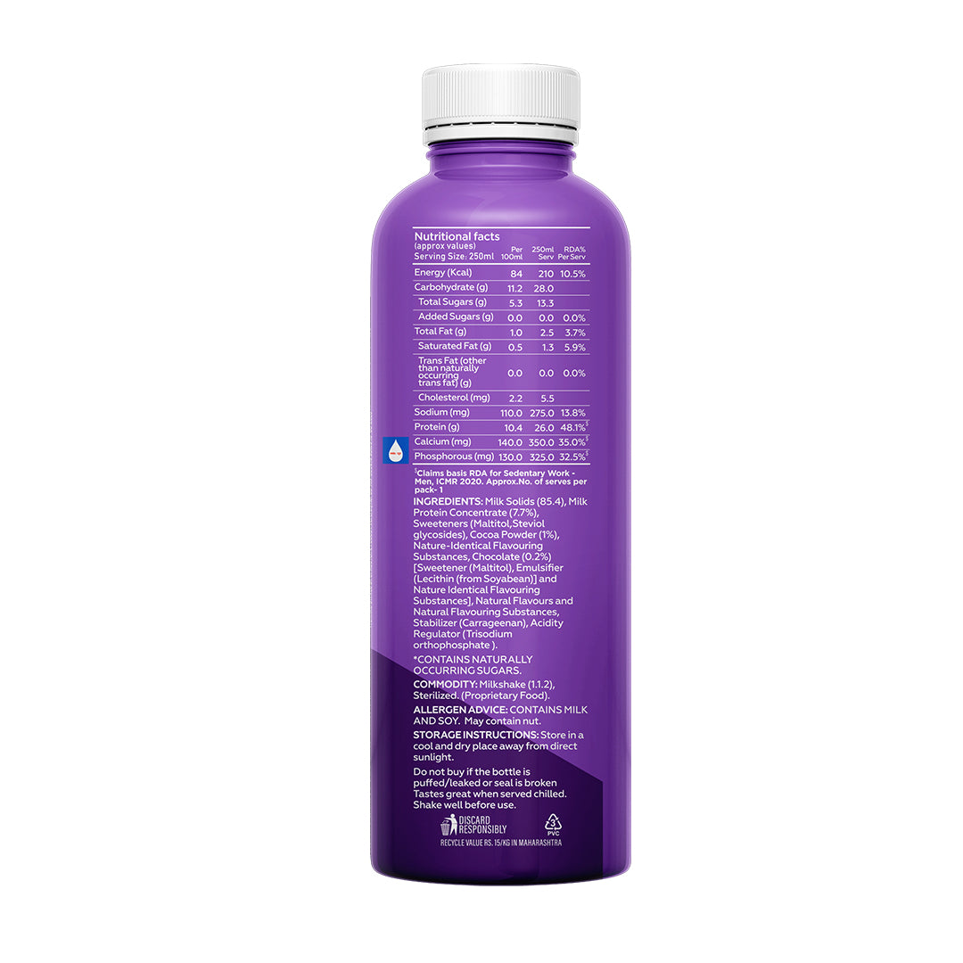 Yoga Bar protein shake nutrition chart showing 26g protein per bottle, soluble coffee powder, and milk solids.