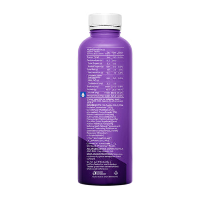Yoga Bar protein shake nutrition chart showing 26g protein per bottle, soluble coffee powder, and milk solids.