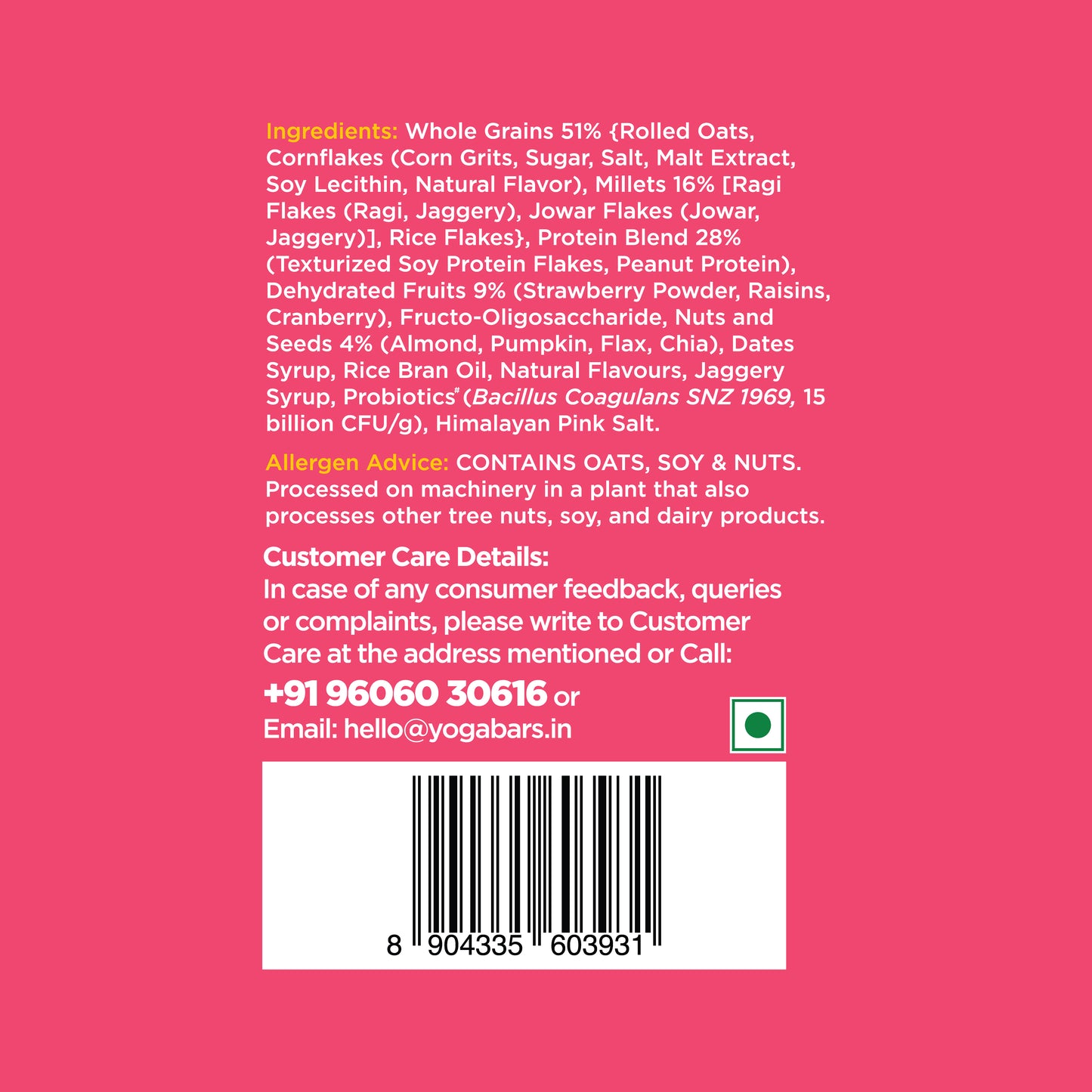 Yoga Bar muesli ingredient panel showing allergen advice for oats, soy, and nuts with customer care details