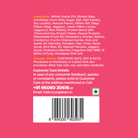Yoga Bar muesli ingredient panel showing allergen advice for oats, soy, and nuts with customer care details