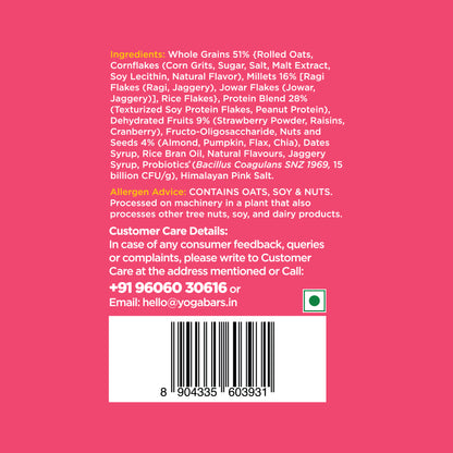 Yoga Bar muesli ingredient panel showing allergen advice for oats, soy, and nuts with customer care details