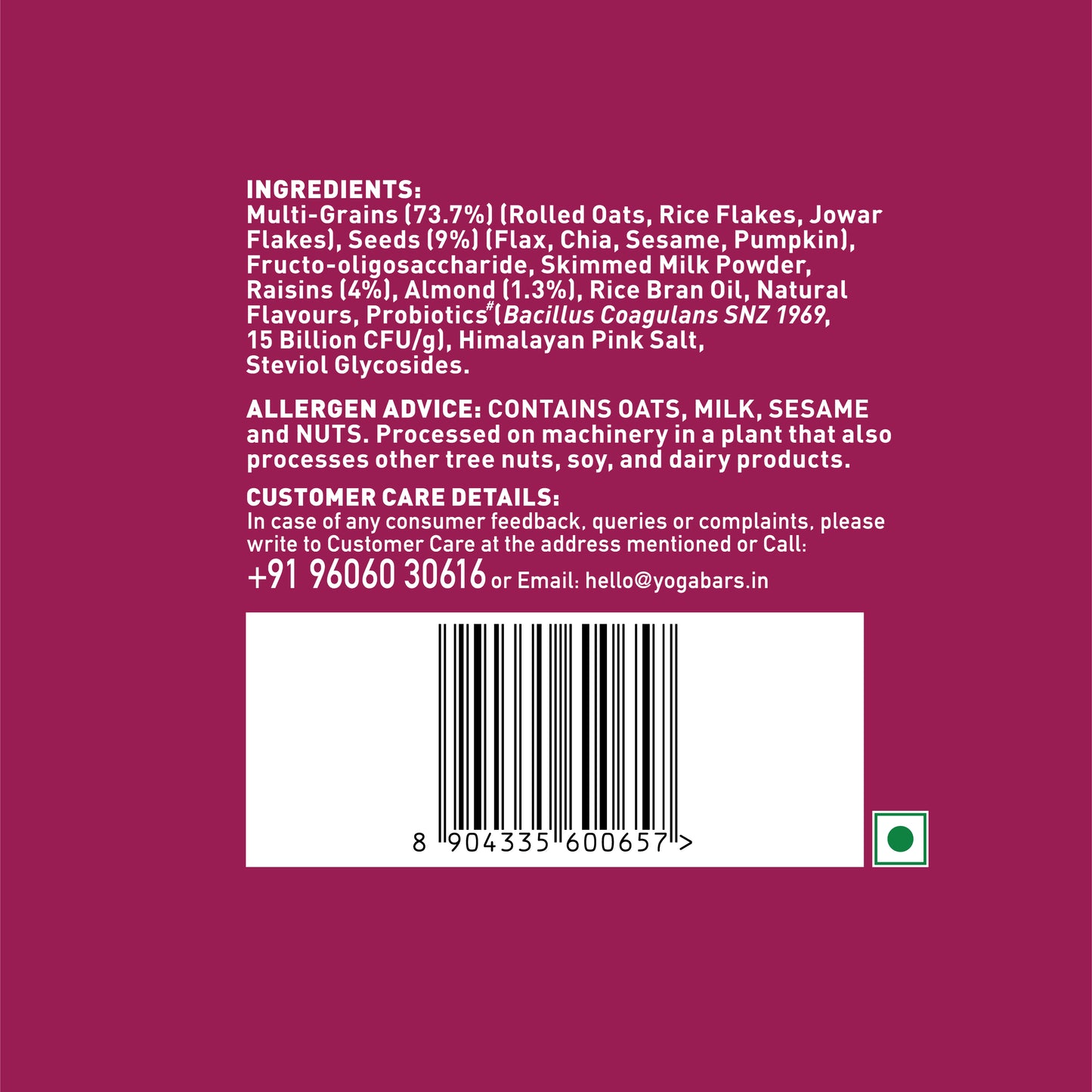 Yoga Bar No Added Sugar Muesli back panel displaying support email hello@yogabars.in, allergen warning, and barcode