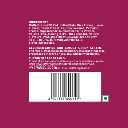 Yoga Bar No Added Sugar Muesli back panel displaying support email hello@yogabars.in, allergen warning, and barcode