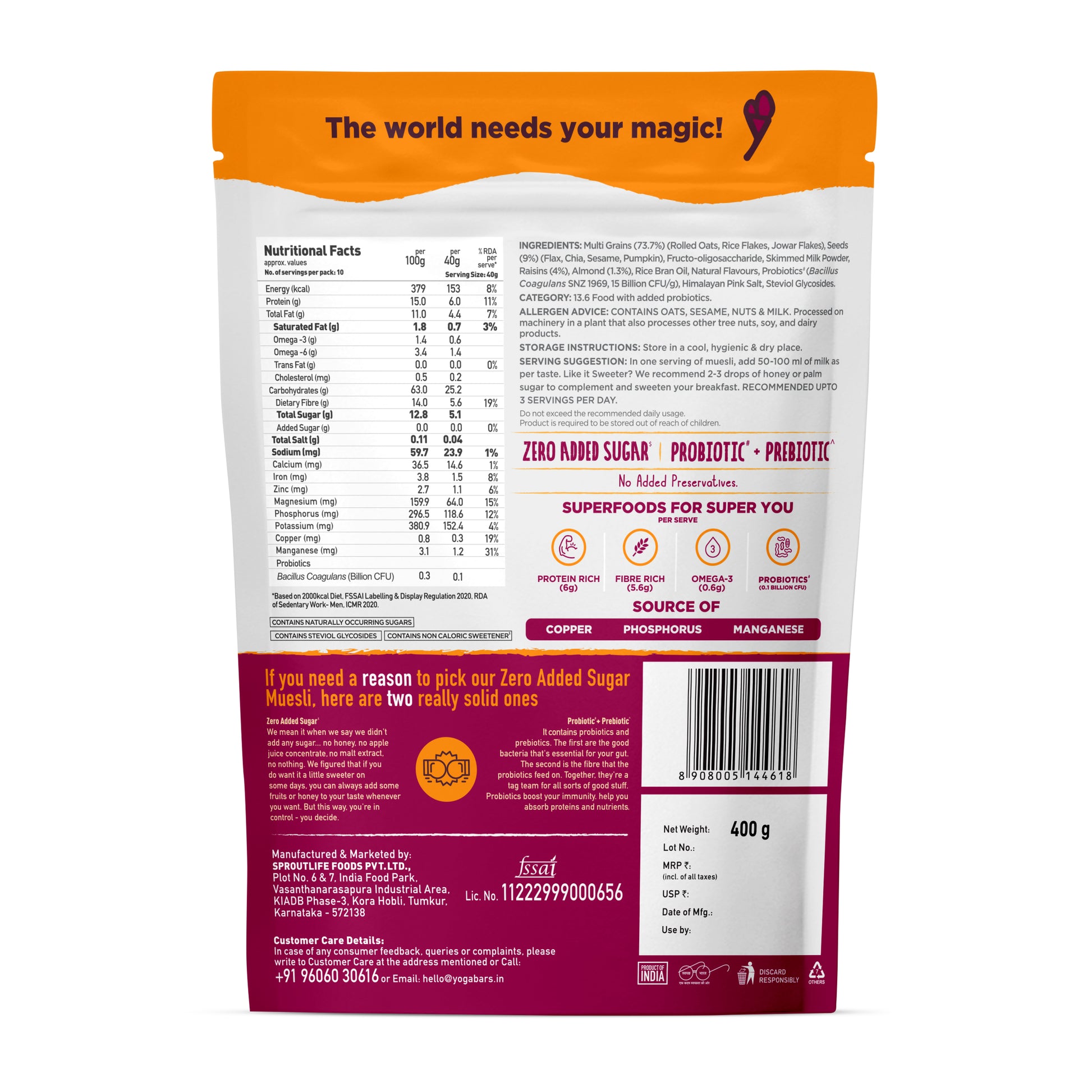 Yoga Bar No Added Sugar Muesli 400g pack back view showing nutritional facts, prebiotic, and probiotic features.