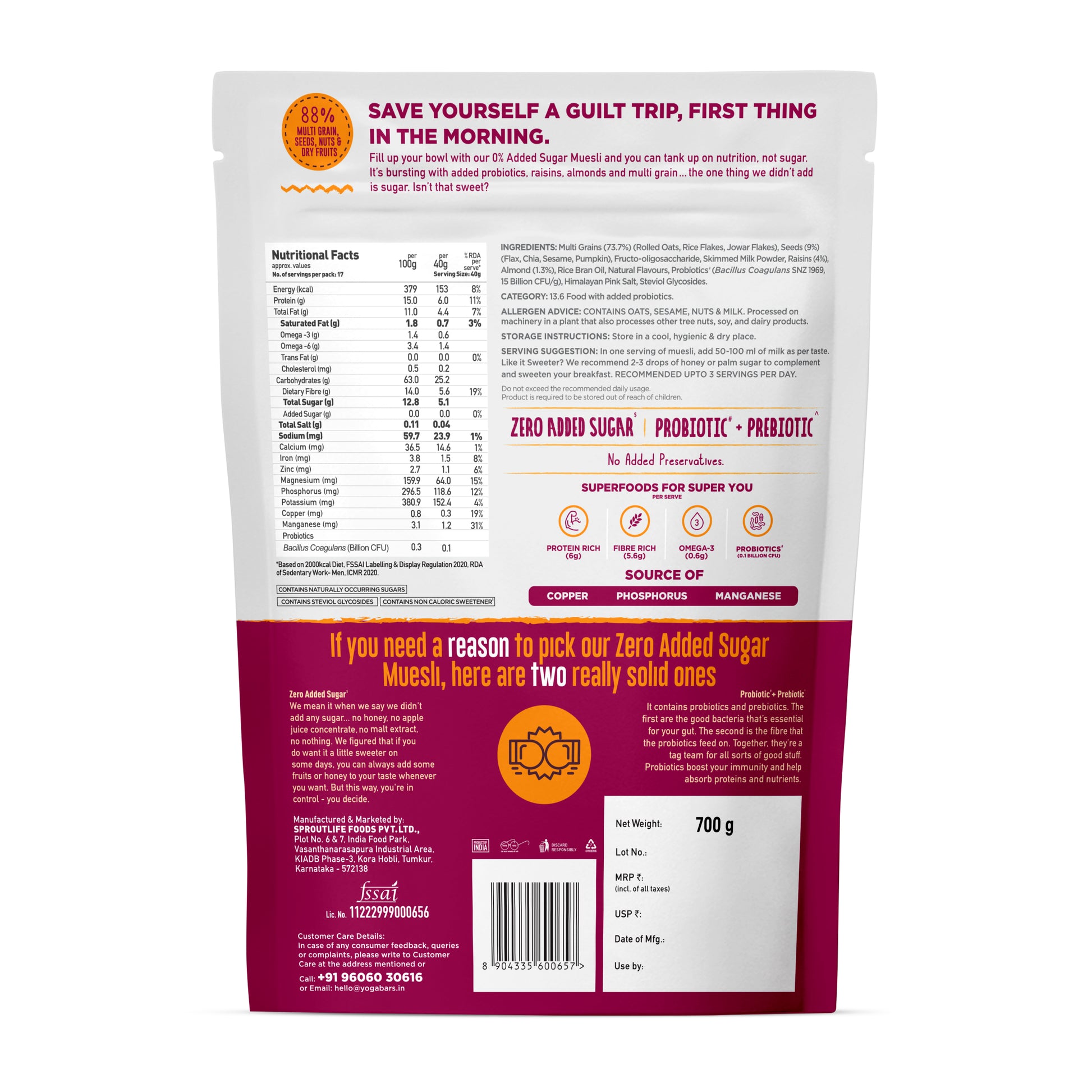 Yoga Bar No Added Sugar Muesli 700g pack back label highlighting nutritional facts, 88 percent grains, seeds, and nuts.