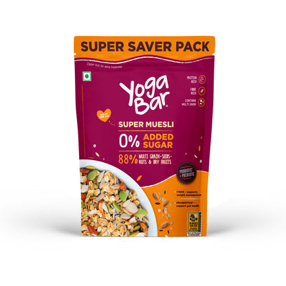 Yoga Bar 0 percent Added Sugar Super Muesli 700g Super Saver Pack featuring multi grain, seeds, nuts, and dry fruits.