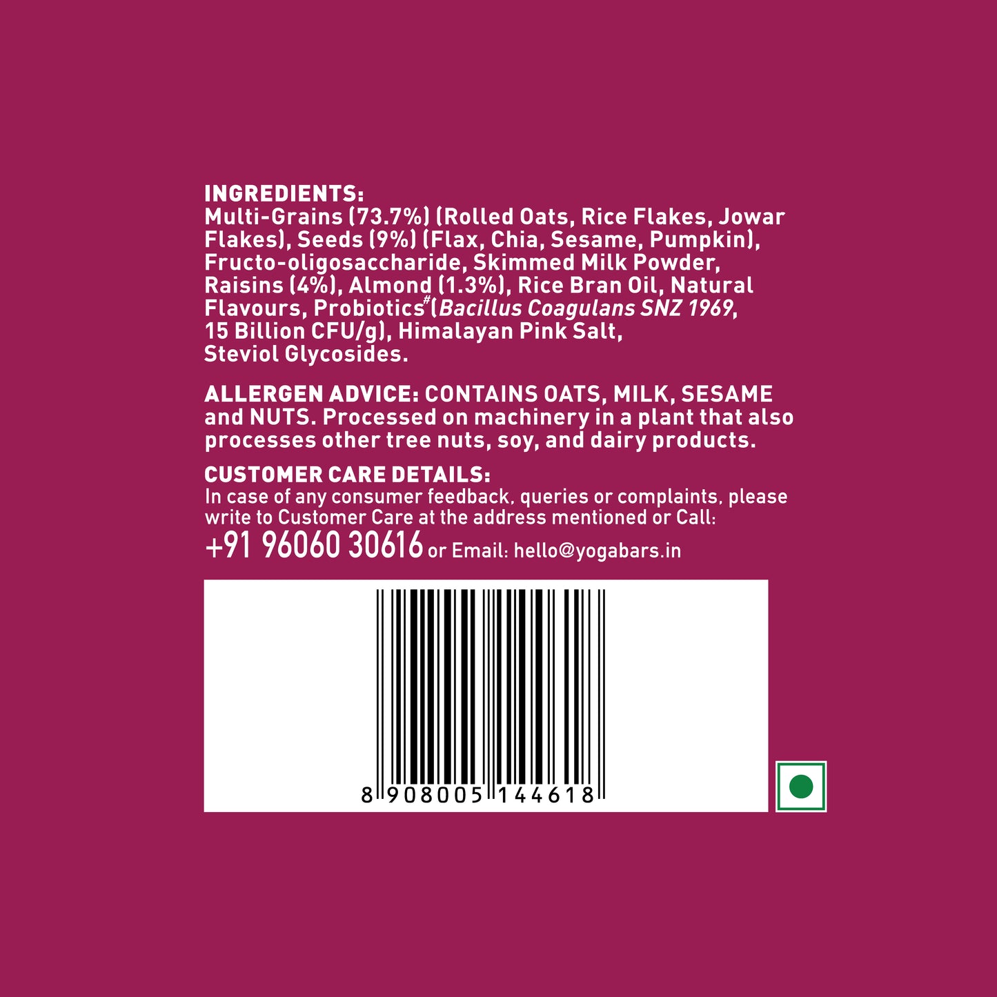 Yoga Bar No Added Sugar Muesli ingredients list with allergen advice for oats, milk, sesame, and nuts.
