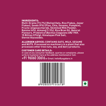 Yoga Bar No Added Sugar Muesli ingredients list with allergen advice for oats, milk, sesame, and nuts.
