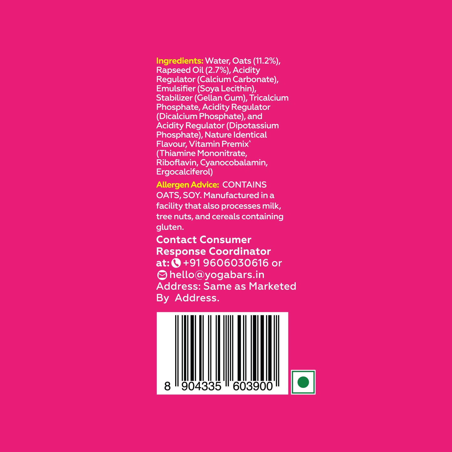 Detailed ingredient list and consumer contact information graphic for Yoga Bar Unsweetened Oat Drink.