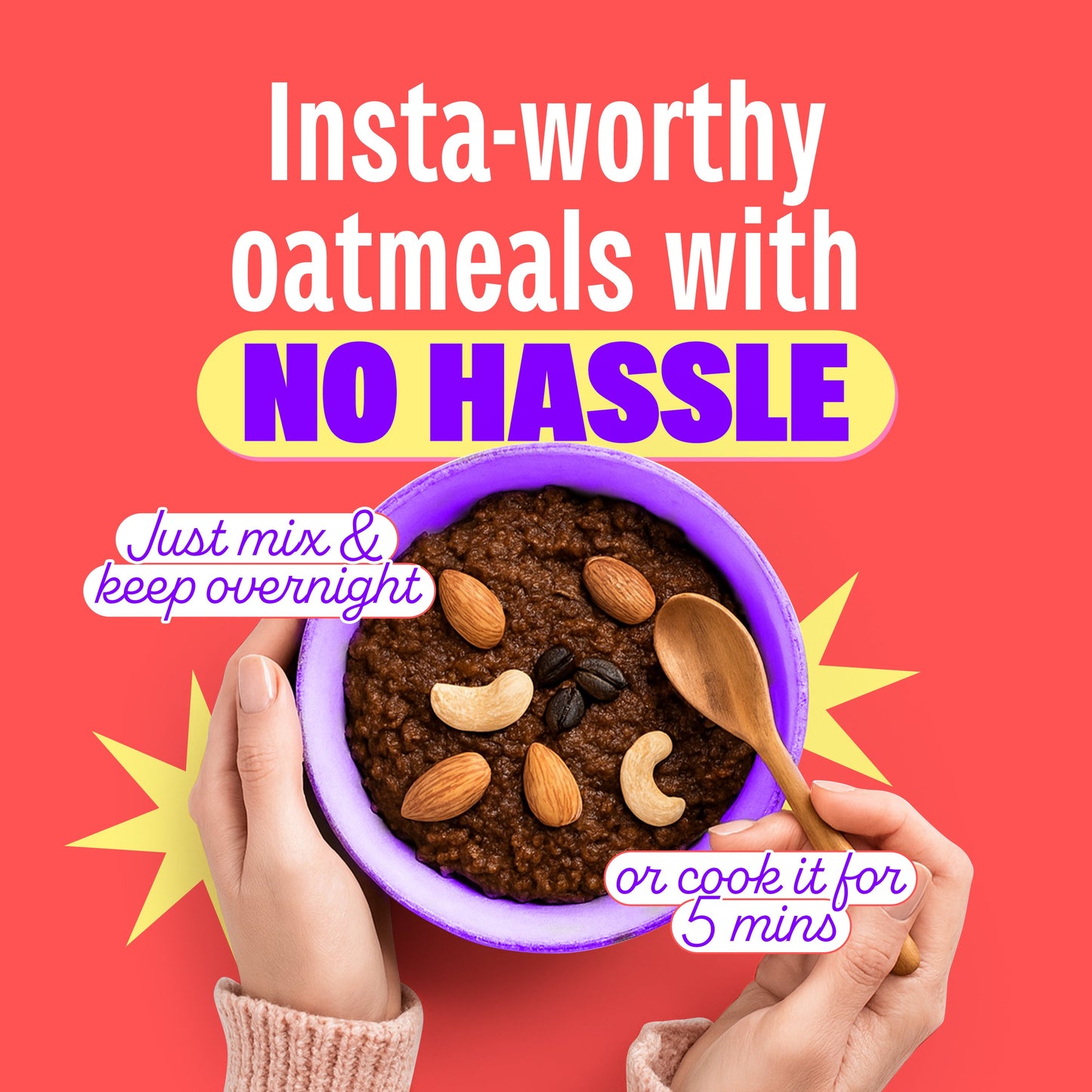 Promotional graphic for Yoga Bar Oats highlighting hassle-free preparation options: mix and leave overnight or cook for 5 minutes.