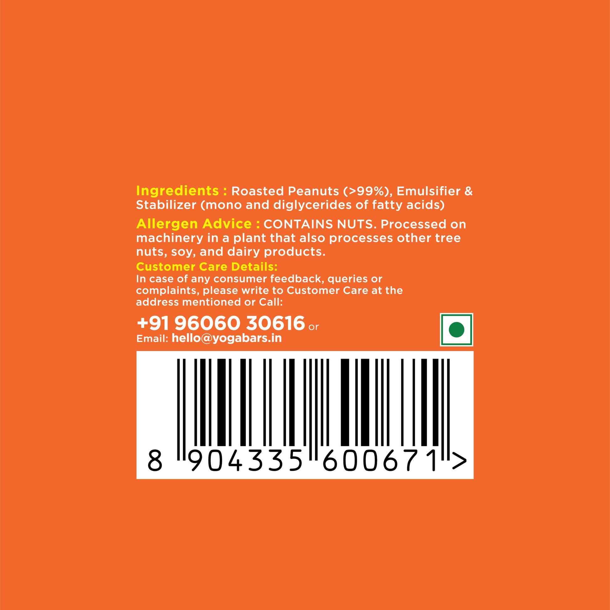 Back of Yoga Bar peanut butter jar showing allergen advice for soy, dairy, and nuts with customer care barcode