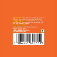 Back of Yoga Bar peanut butter jar showing allergen advice for soy, dairy, and nuts with customer care barcode