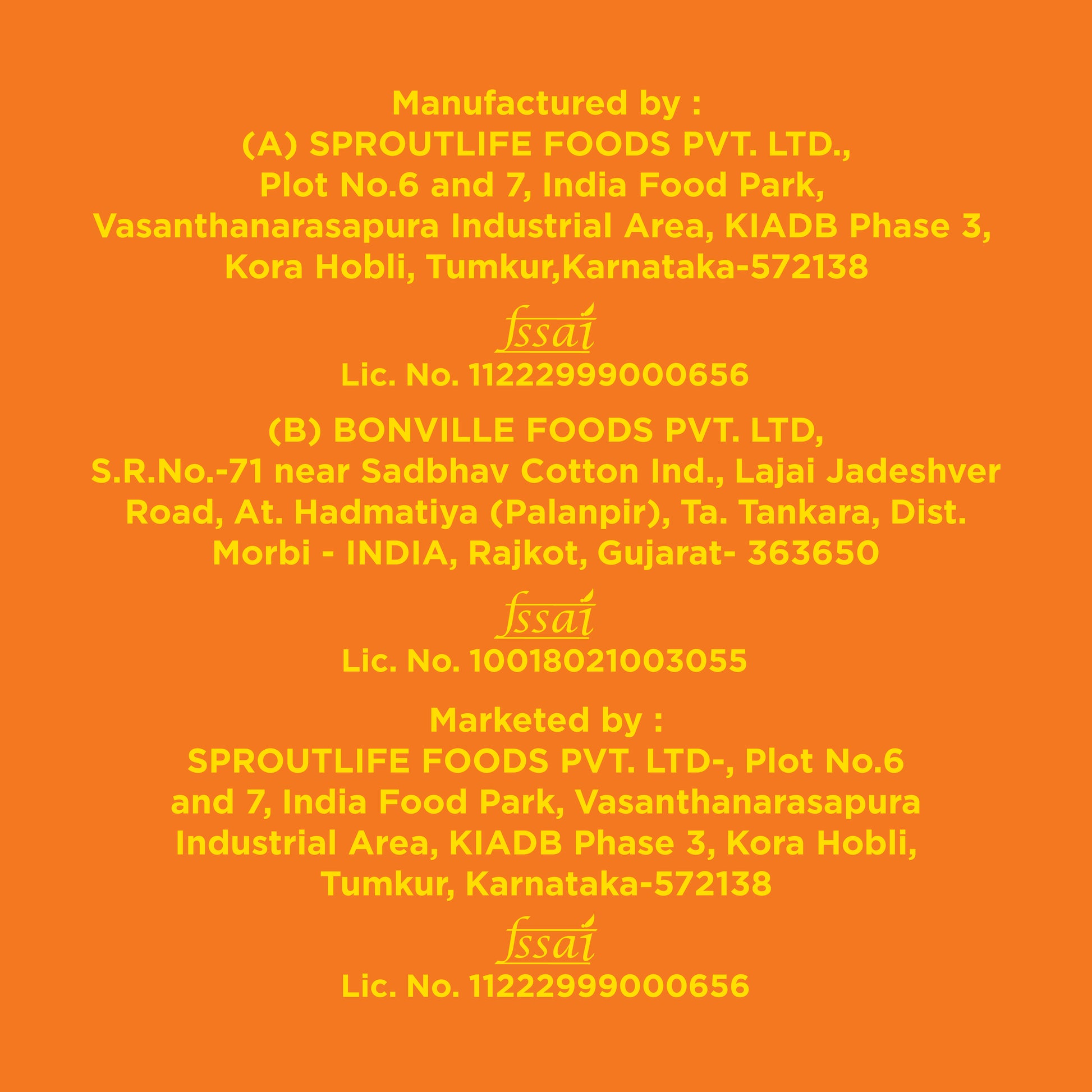 Official FSSAI license numbers for Sproutlife Foods and Bonville Foods Yoga Bar peanut butter production