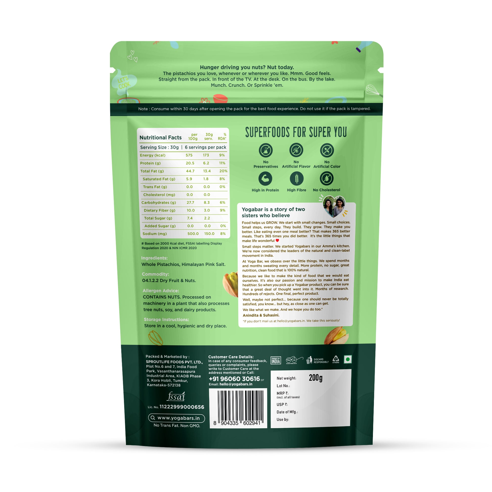 Yoga Bar Pistachios 200g back label showing ingredients whole pistachios and Himalayan pink salt with nutrition facts.