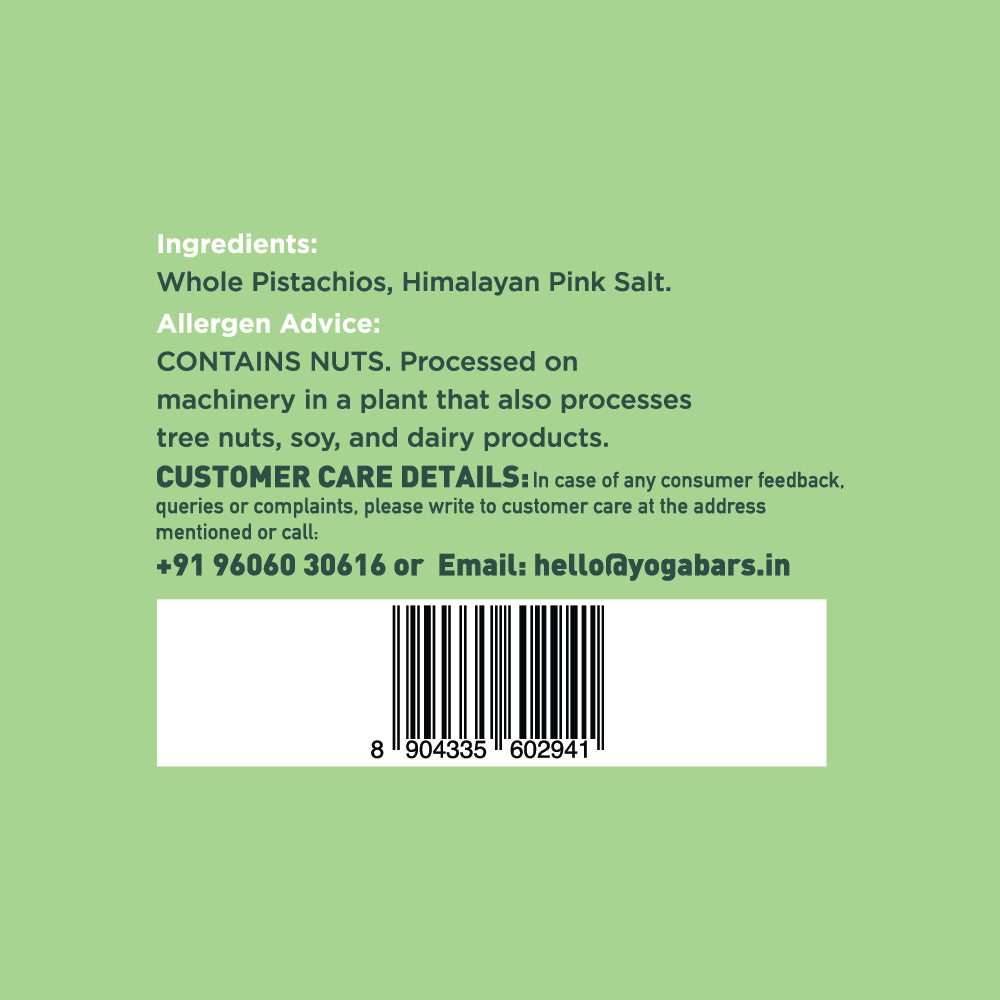 Yoga Bar Pistachios back label displaying support phone +91 96060 30616, customer care email, and barcode.
