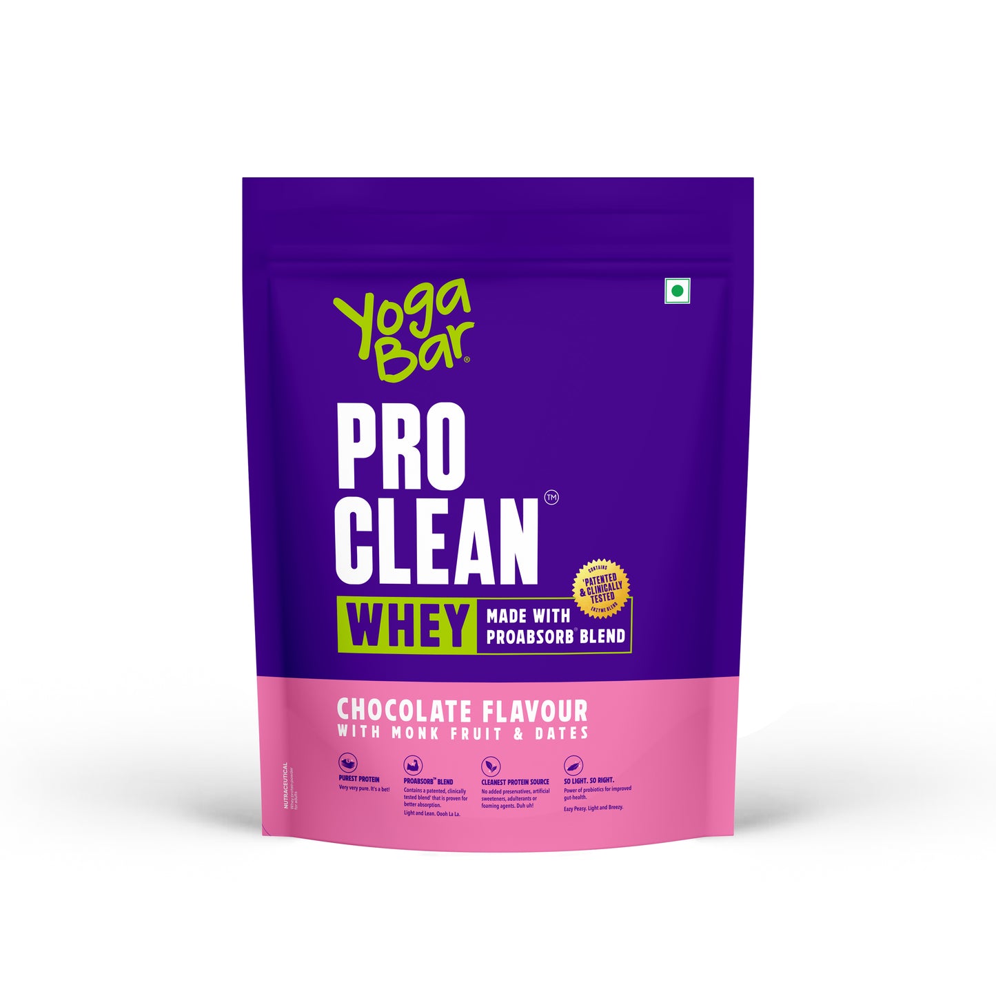 Yoga Bar Pro Clean Whey protein powder pouch in chocolate flavour, sweetened with monk fruit and dates.