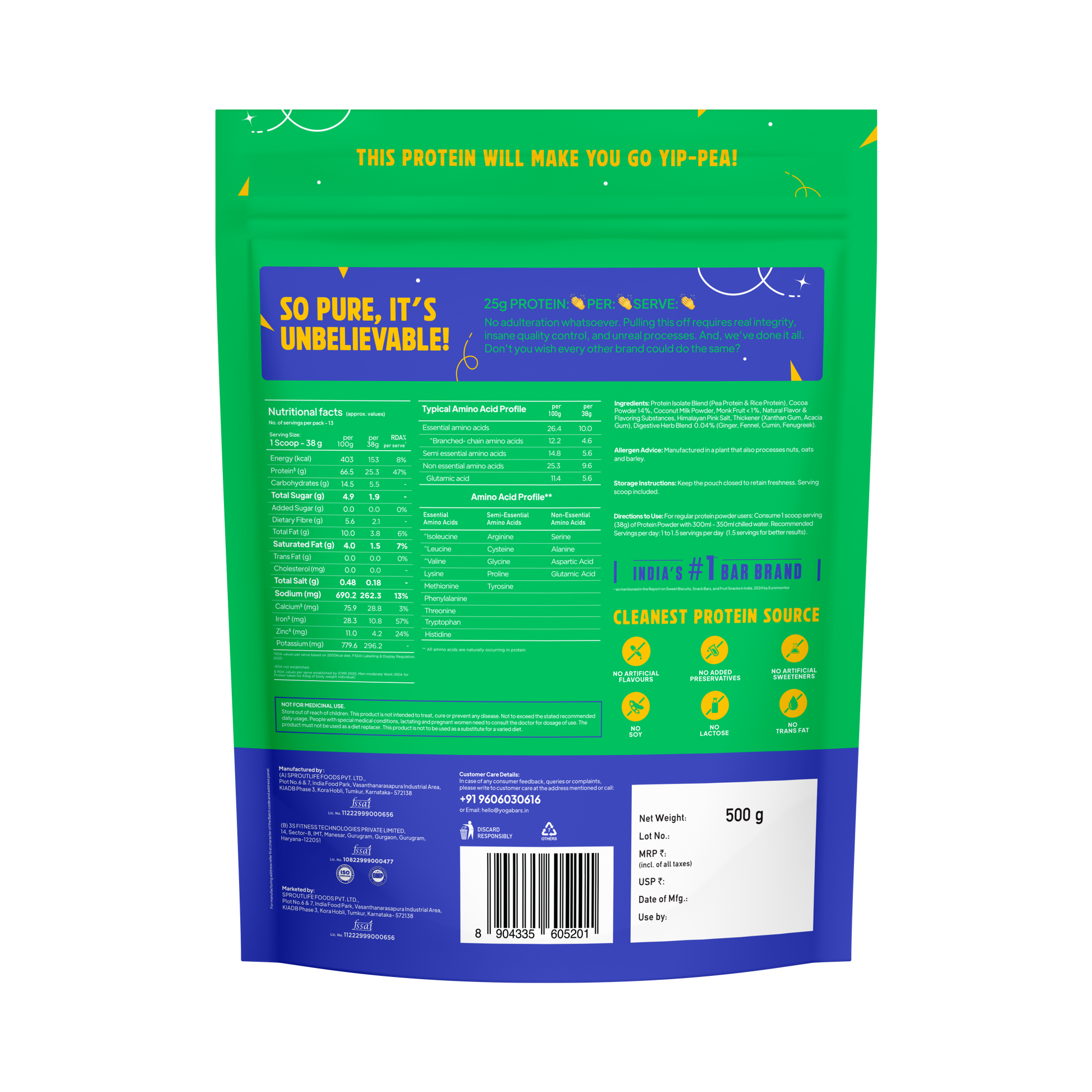 YogaBar ProClean Chocolate Plant Protein back of pack showing nutritional facts and amino acid profile