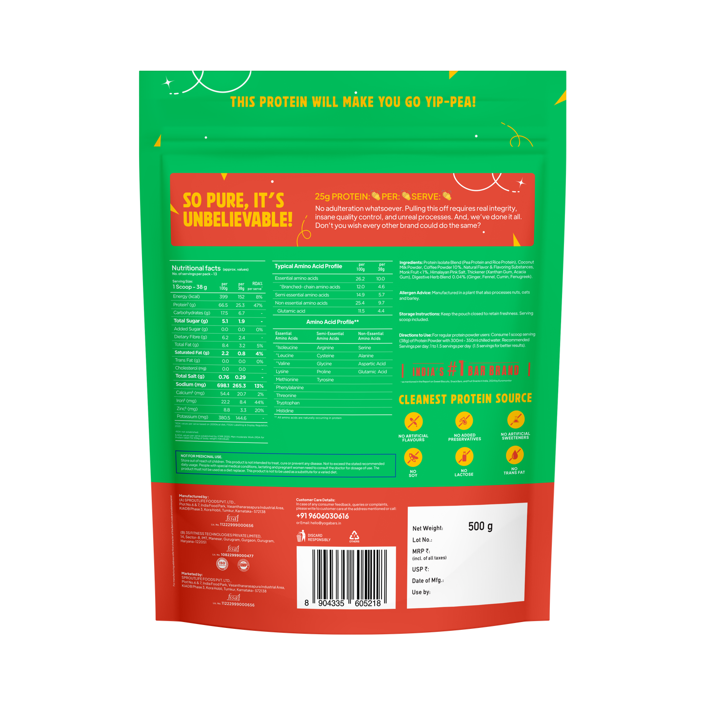 YogaBar ProClean Coffee Plant Protein back of pack showing nutritional facts and amino acid profile