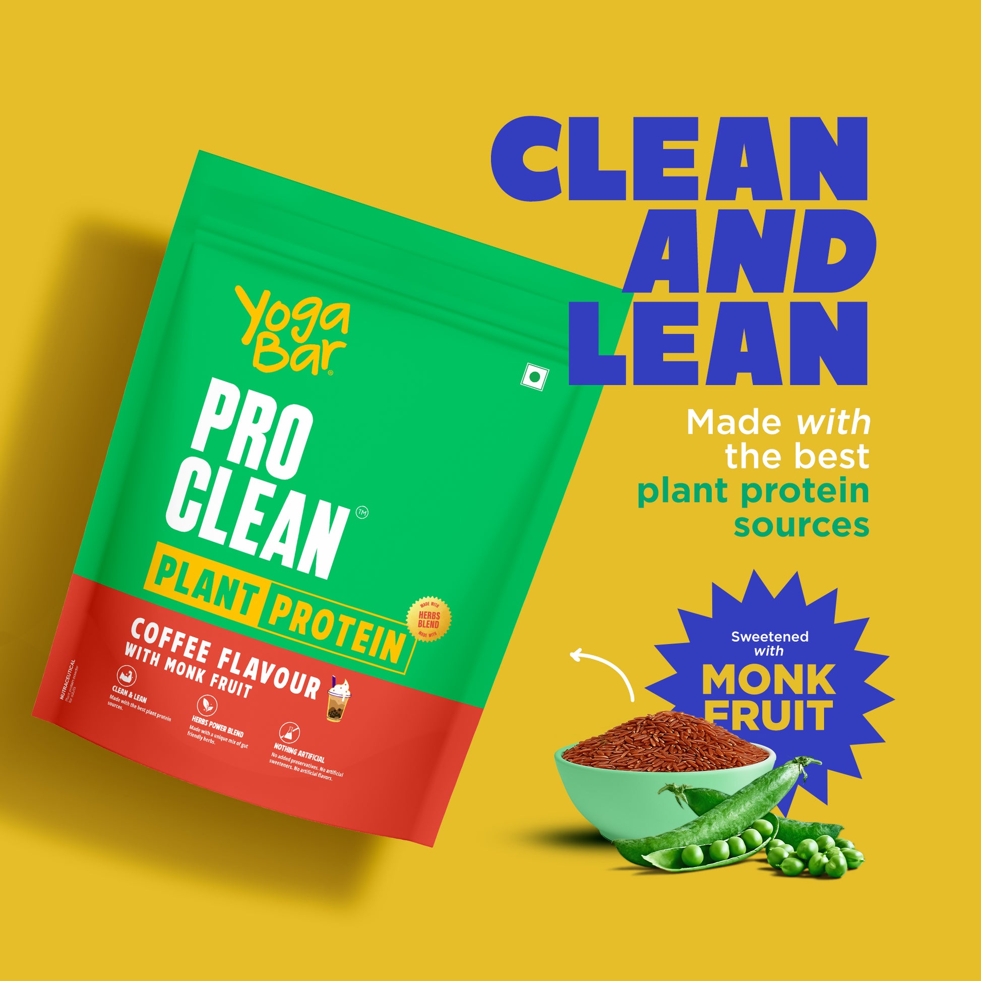 YogaBar ProClean Coffee Plant Protein banner titled Clean and Lean, sweetened with monk fruit