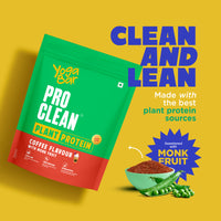 YogaBar ProClean Coffee Plant Protein banner titled Clean and Lean, sweetened with monk fruit