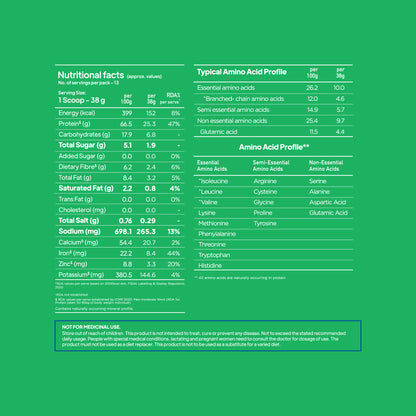 YogaBar ProClean Coffee Plant Protein nutrition facts label and typical amino acid profile chart