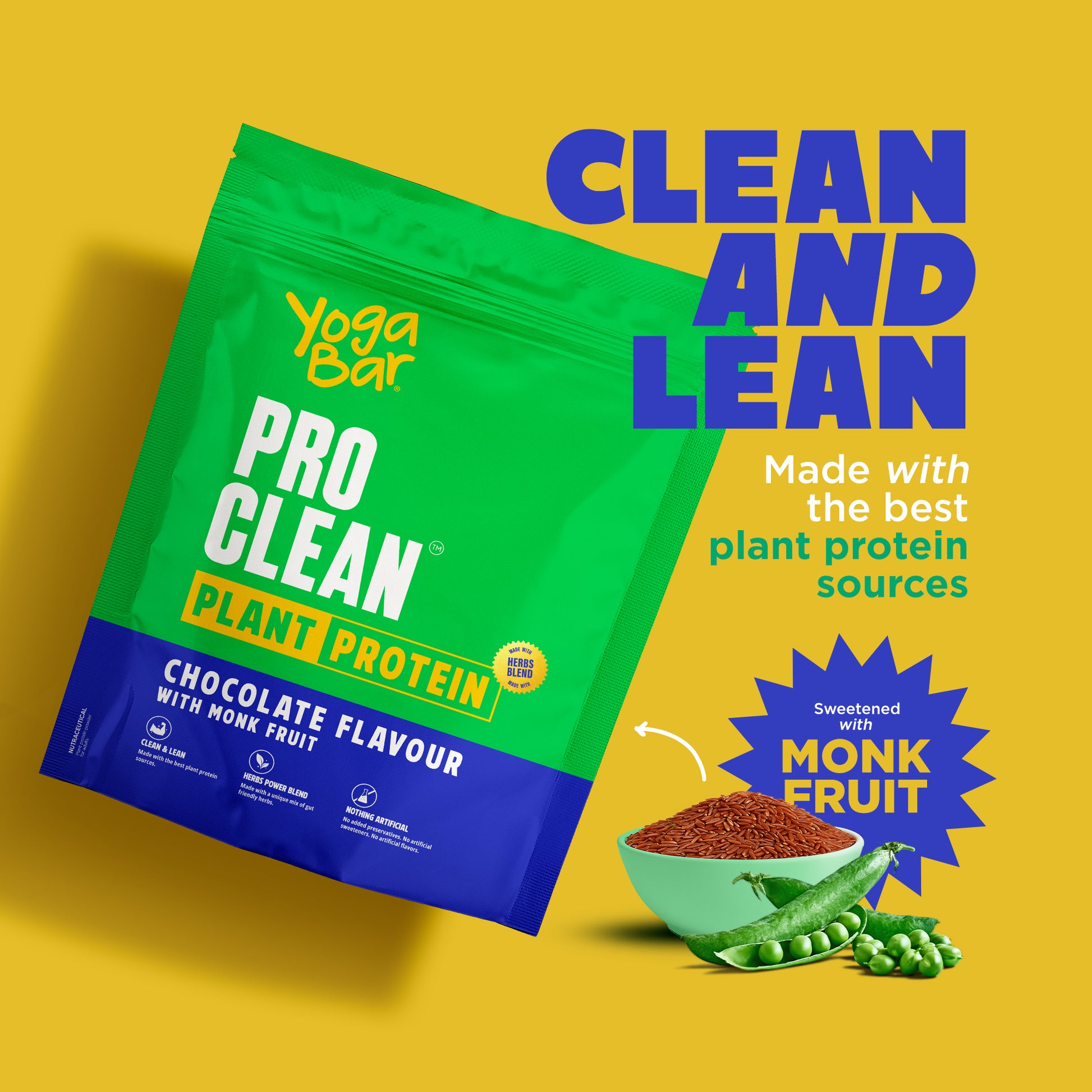 YogaBar ProClean Chocolate Plant Protein banner titled Clean and Lean, sweetened with monk fruit