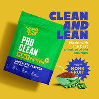 YogaBar ProClean Chocolate Plant Protein banner titled Clean and Lean, sweetened with monk fruit