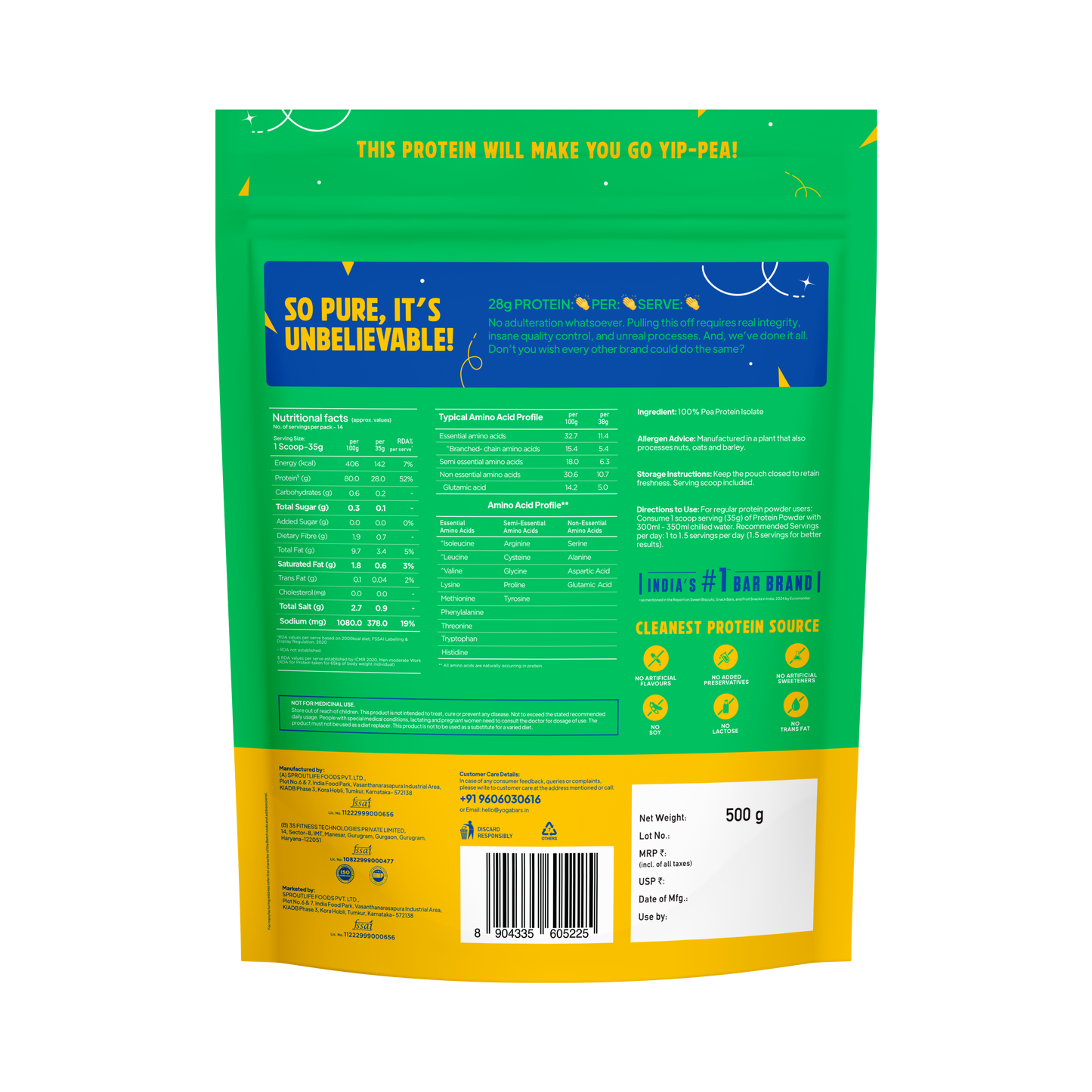 Back view of YogaBar ProClean Unflavoured Plant Protein 500g pouch showing 28g protein per serve, nutrition facts, and barcode